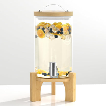 1 Gallon Glass Drink Dispenser For Parties, Beverage Dispenser With Bamboo Wood Stand And Stainless Steel Spigot, Countertop Water Dispenser, Lemonade Dispenser For Wedding, Picnic (2PACK)
