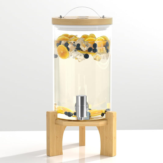 1 Gallon Glass Drink Dispenser For Parties, Beverage Dispenser With Bamboo Wood Stand And Stainless Steel Spigot, Countertop Water Dispenser, Lemonade Dispenser For Wedding, Picnic (2PACK)