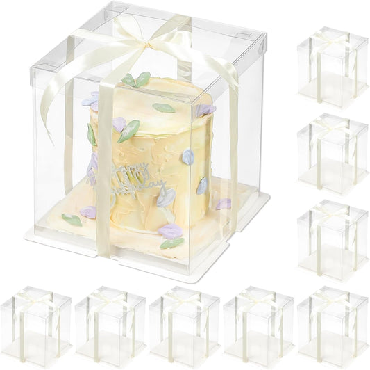3 Pcs Clear Gift Box with Ribbon 2-Layer 6.7x6.7x7.8 Inch, Transparent Cake Carrier Box with Lids, PET Tall Cake Packaging Boxes, Clear Gift Boxes for Birthday,Wedding and Festival Party