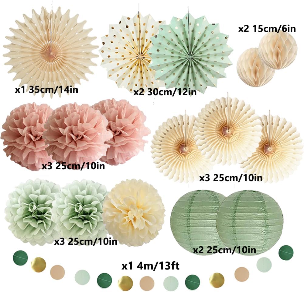 Sage Green and Pink Party Decorations Girl Baby Shower Decor Paper Pom Poms Paper Fans Cicle Dots Garland for Women Girls Pink Sage Green Birthday Baby Shower Bridal Shower Decor