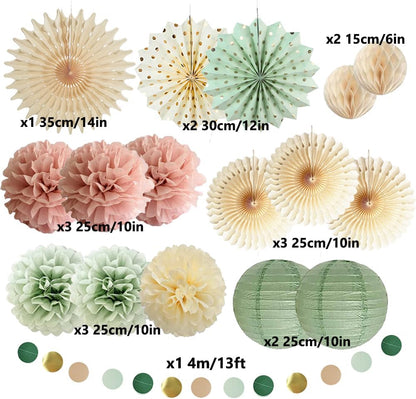 Sage Green and Pink Party Decorations Girl Baby Shower Decor Paper Pom Poms Paper Fans Cicle Dots Garland for Women Girls Pink Sage Green Birthday Baby Shower Bridal Shower Decor