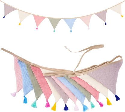 G2PLUS Cotton Fabric Bunting Banner, 9Ft Green Triangle Pennant Banner Flag, 12pcs Double-Sided Bunting Garland with Tassels for Birthday, Nursery, Baby Shower, Classroom Hanging Decor