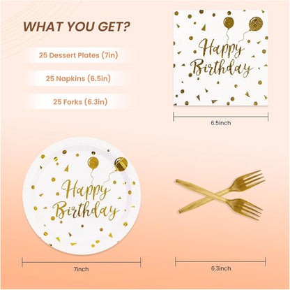 75PCS Paper Plates and Napkins Set - White and Gold Dot Disposable Party Dinnerware Includes Paper Plates, Napkins, Forks Decorations for 2026 New Year, Birthday, Wedding and Holiday, Serves 25