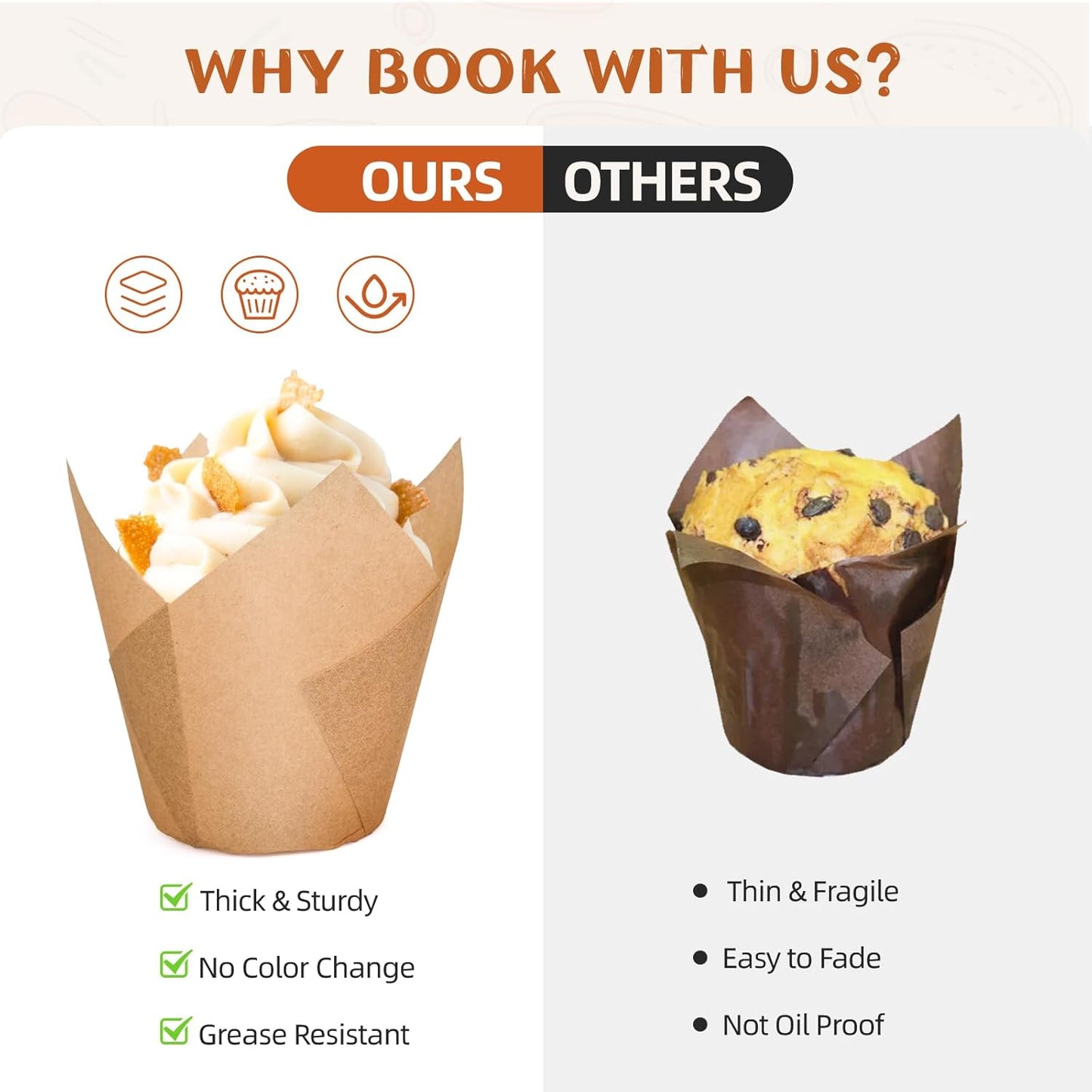 200pcs Tulip Cupcake Liners, Premium Muffin Liners Holders for Baking Cups, Greaseproof Cupcake Wrappers in Standard Size, Classic Parchment Paper Cupcakes Liner for Party, Christmas by JIRNGLA