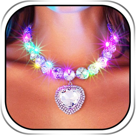 Yonamix Light Up Rhinestone Choker Necklace Silver Heart Necklaces Jewelry for Women