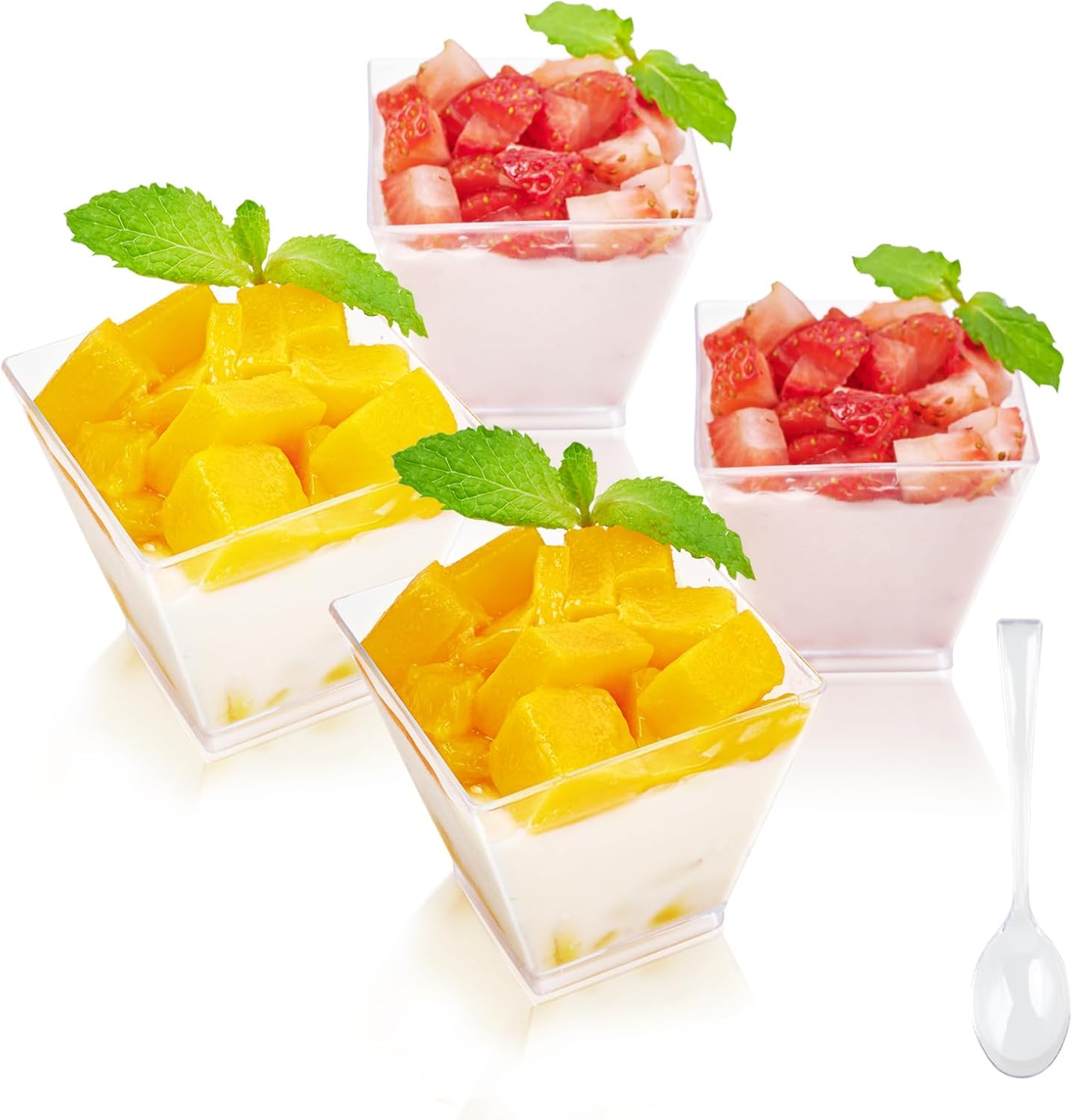 JOLLY CHEF 100 Pack 3 oz Square Mini Dessert Cups with Spoons, Clear Plastic Parfait Appetizer Cup, Small Plastic Dessert Serving Bowl for Tasting Party