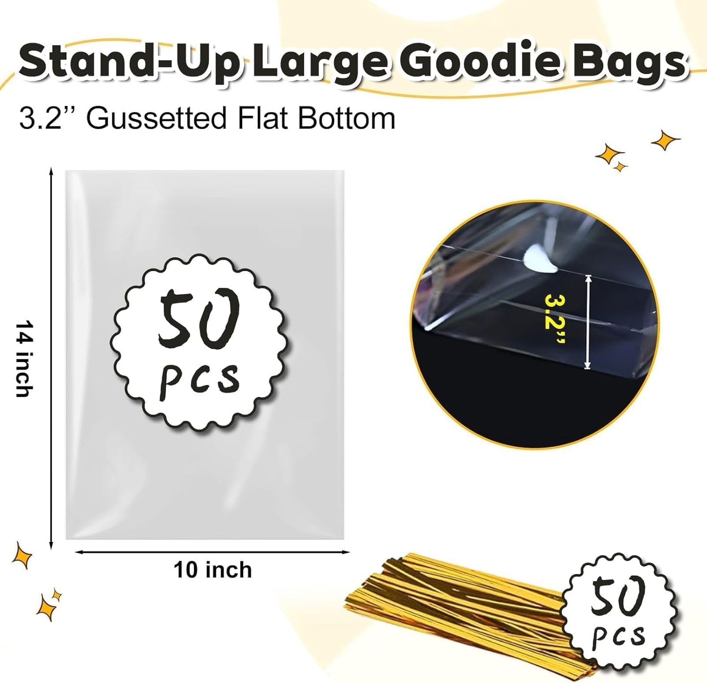 PigPotParty Cellophane Treat Bags 6x9 Inch, 50 Pack Clear Goodie Bags with Bottom Gusset for Stand-Up Display, Small Plastic Gift Wrap for Cookies, Candy, Party Favors, Popcorn, Includes 50 Gold Ties