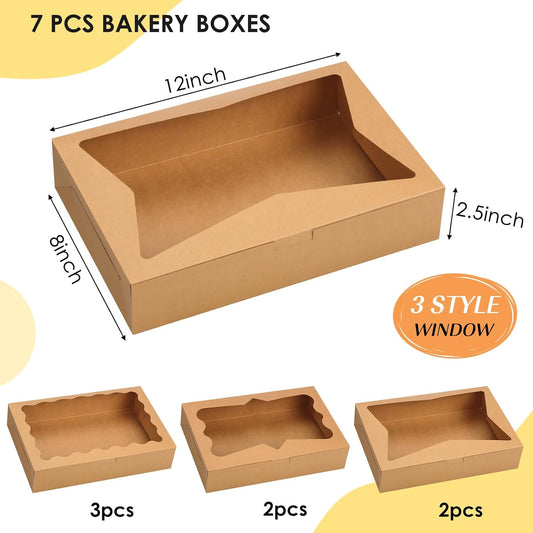TOMNK 7pcs Cookie Boxes, 12x8x2.5 Inches White Bakery Boxes with 3 Style Window for Chocolate Covered Strawberries, Treats, Breakable Heart, Pastries, Desserts and Cake Pops
