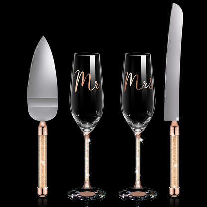 Boao 4 Piece Wedding Cake Knife and Champagne Flutes Server Set Mr and Mrs Toasting Flutes Crystal Rhinestone Cake Cutting Set for Bride and Groom Wedding Engagement Bridal Shower Gifts(Silver)