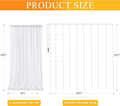 Fomcet Tulle Backdrop Curtains with Lights String White 10FT X 8FT Sheer Curtain with Lights Tulle Curtains Backdrop for Wedding Birthday Party Baby Shower Photo Shoot (2 Panels 5x8FT)