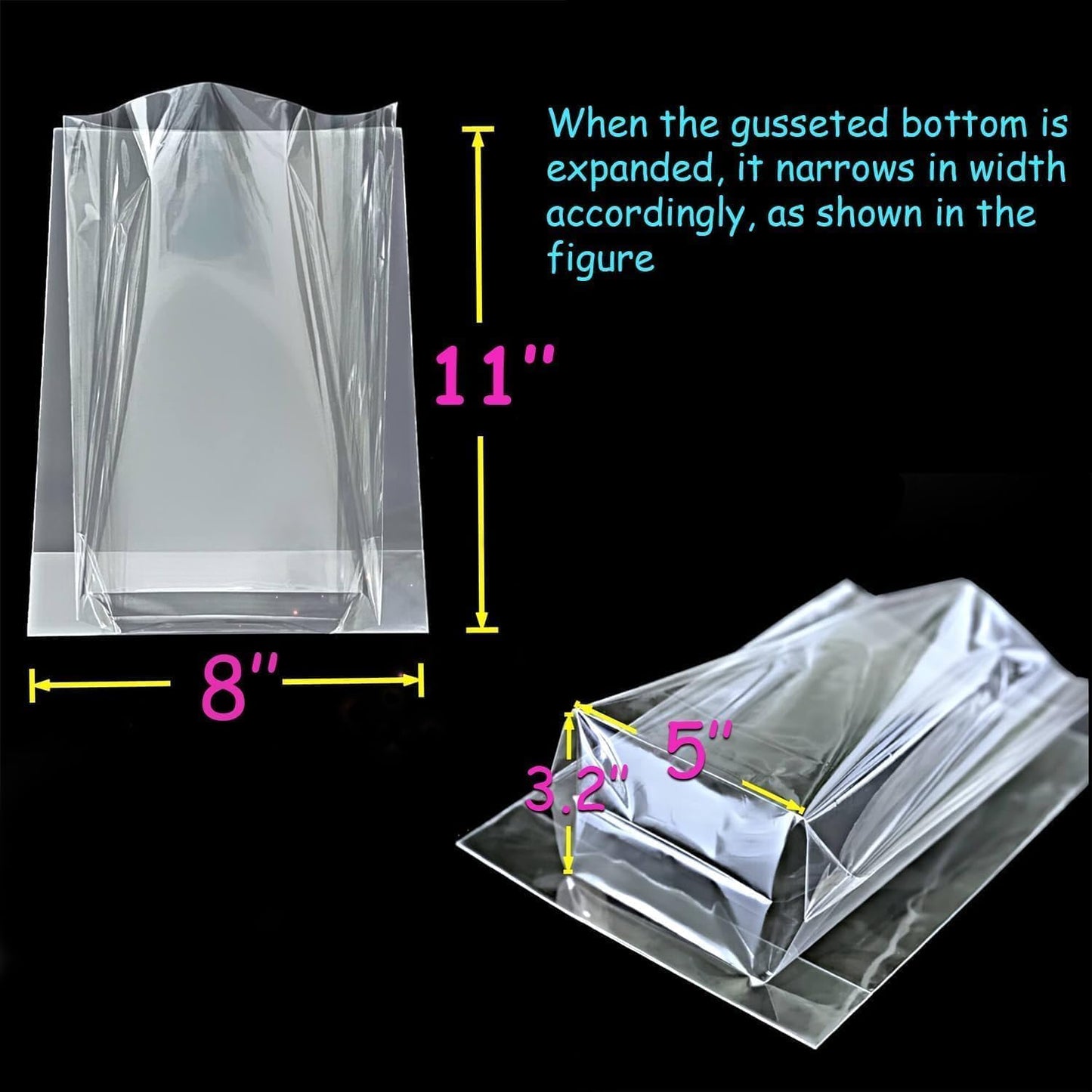 PigPotParty Cellophane Treat Bags 6x9 Inch, 50 Pack Clear Goodie Bags with Bottom Gusset for Stand-Up Display, Small Plastic Gift Wrap for Cookies, Candy, Party Favors, Popcorn, Includes 50 Gold Ties