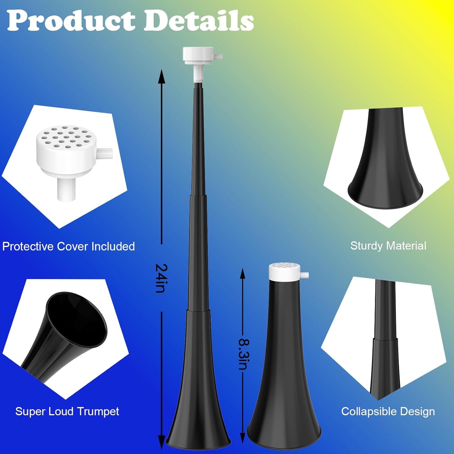 Collapsible Stadium Horn 24 Inch Vuvuzela Noise Makers Plastic Cheering Trumpet Blow Horns Noisemakers for Sporting Events Football Games School Sports Party Supplies Favors Accessories
