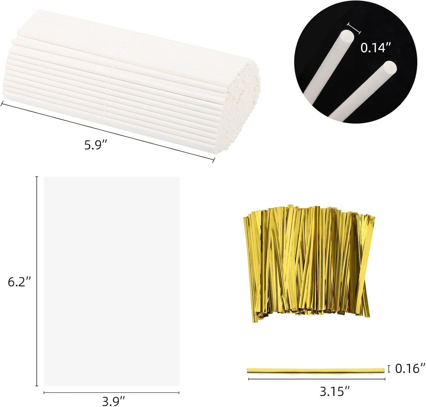 600 Pcs Cake Pop Sticks and Wrappers Kit, Including 6 Inch Paper Lollipop Sticks，4 x 6 Inches Clear Candy Treat Bags, Plastic Cake Pop Bags and Gold Twist Ties Chocolate Pops Making Accessories