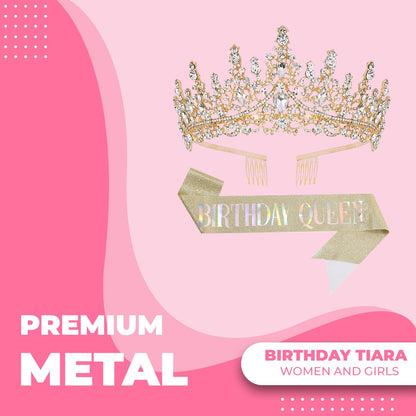 Birthday Tiara Crown with Sash for Women, Headband Hair Accessories for Wedding Party Costume