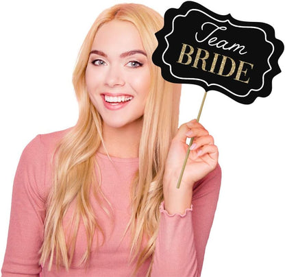 Fully Assembled Wedding Photo Booth Props - Set of 40 - Gold, Pink, Teal, & Silver Selfie Signs - Wedding Party Supplies & Decorations - Cute Designs with Real Glitter - Did We Mention No DIY