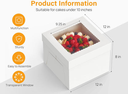Kootek 15pcs Cake Boxes, 10x10x8 Inches Tall Cake Box with Window, White Bakery Boxes, Large Baking Boxes, Square Cardboard Cake Box for Multi-Layer Cakes, Cake Decorating Supplies for Gift Giving