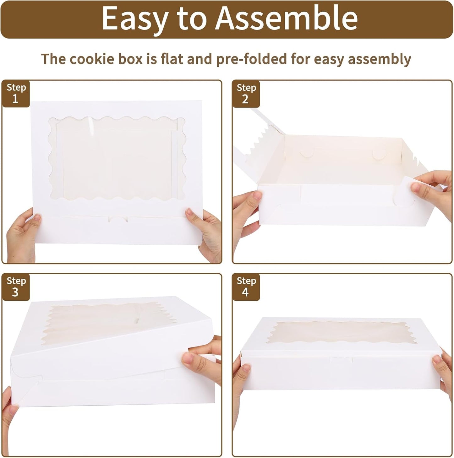 Moretoes 40pcs Cookie Boxes, 14x10x2.5 Inch Auto-Popup Bakery Boxes with Window, for Donuts, Pies, Cakes, Muffins, and Pastries