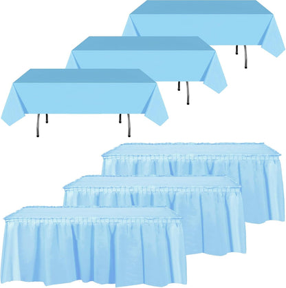 Oudain 6 Pcs Plastic Table Skirts and Stainproof Table Cloths 54 x 108 in Plastic Ruffle Tablecloth 168 x 29 Inches Disposable for Wedding Baby Shower Valentine Spring Easter Party(White)