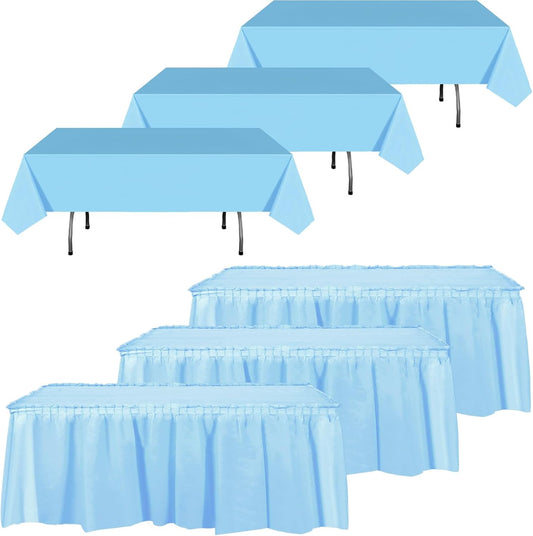 Oudain 6 Pcs Plastic Table Skirts and Stainproof Table Cloths 54 x 108 in Plastic Ruffle Tablecloth 168 x 29 Inches Disposable for Wedding Baby Shower Valentine Spring Easter Party(White)