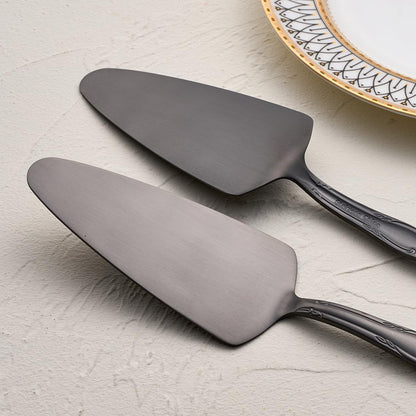 3-Piece Cake Server Set - 9.3-Inch Matte Black 430 Stainless Steel with Rose Handle Design - for Cake, Pie, Pizza, and Dessert Serving - Dishwasher Safe Pastry Server Set