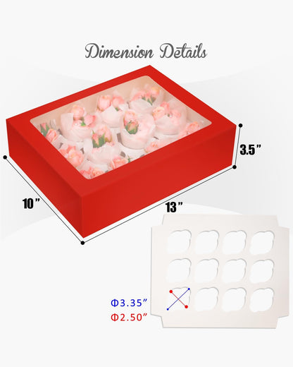 Bakepacker Auto-pop Up Cupcake Boxes with Window White 20PCS 12 Count Cupcake Box 13"x10"x3.5" Cupcakes Carrier, 12 Cupcake Containers with rolls of pink ribbons