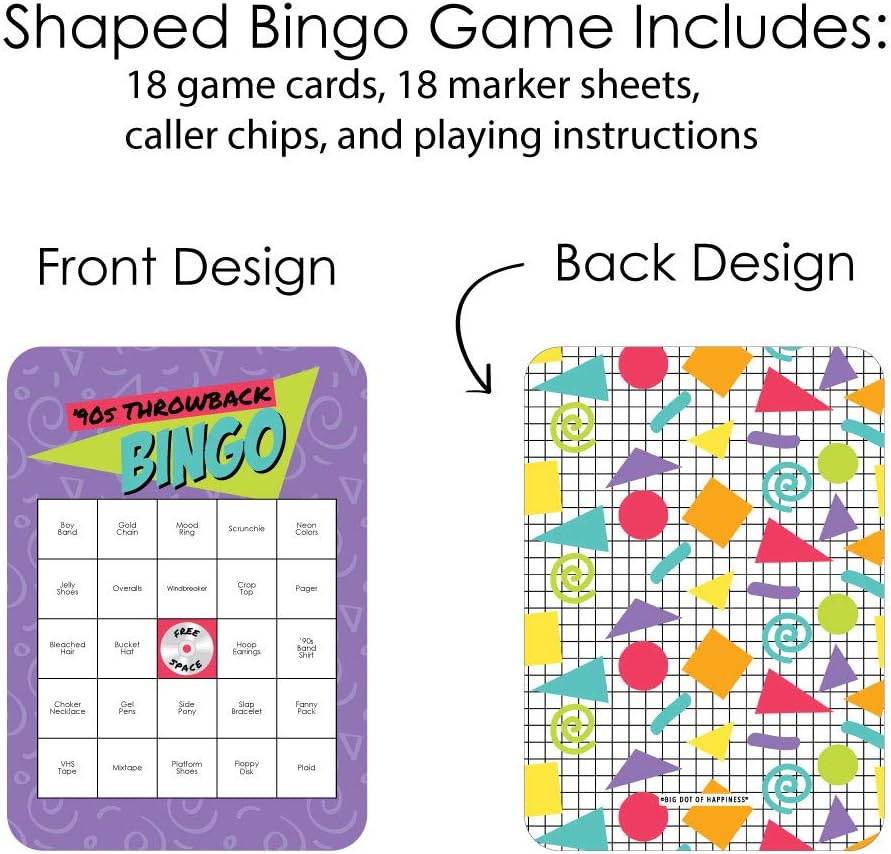 Big Dot of Happiness 90’s Throwback - Bar Bingo Cards and Markers - 1990s Party Bingo Game - Set of 18