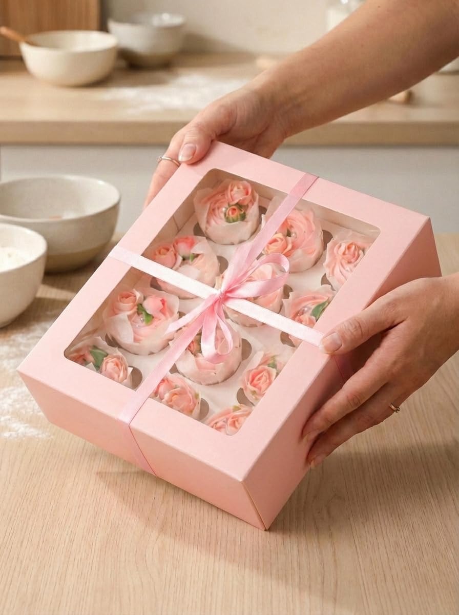 Bakepacker Auto-pop Up Cupcake Boxes with Window White 20PCS 12 Count Cupcake Box 13"x10"x3.5" Cupcakes Carrier, 12 Cupcake Containers with rolls of pink ribbons