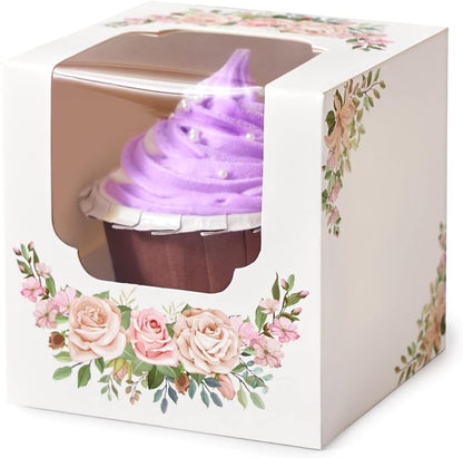 100 Pcs Kraft Brown Cupcake Boxes Individual Bulk Paper Cupcake Containers Single with Insert and Window, Pop up Cookie Boxes and Cocoa Bombs Boxes Packaging for Bakery Gift Giving
