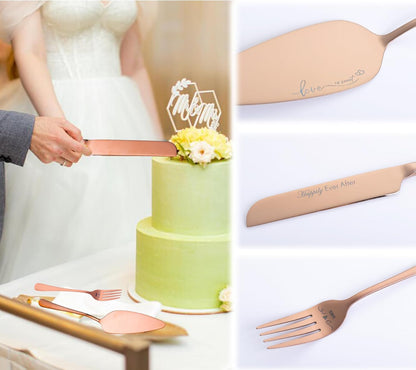 Wedding Cake Knife and Server Set with Forks, Engraved Cake Cutting Set for Wedding Anniversary Christmas Engagement（Gold