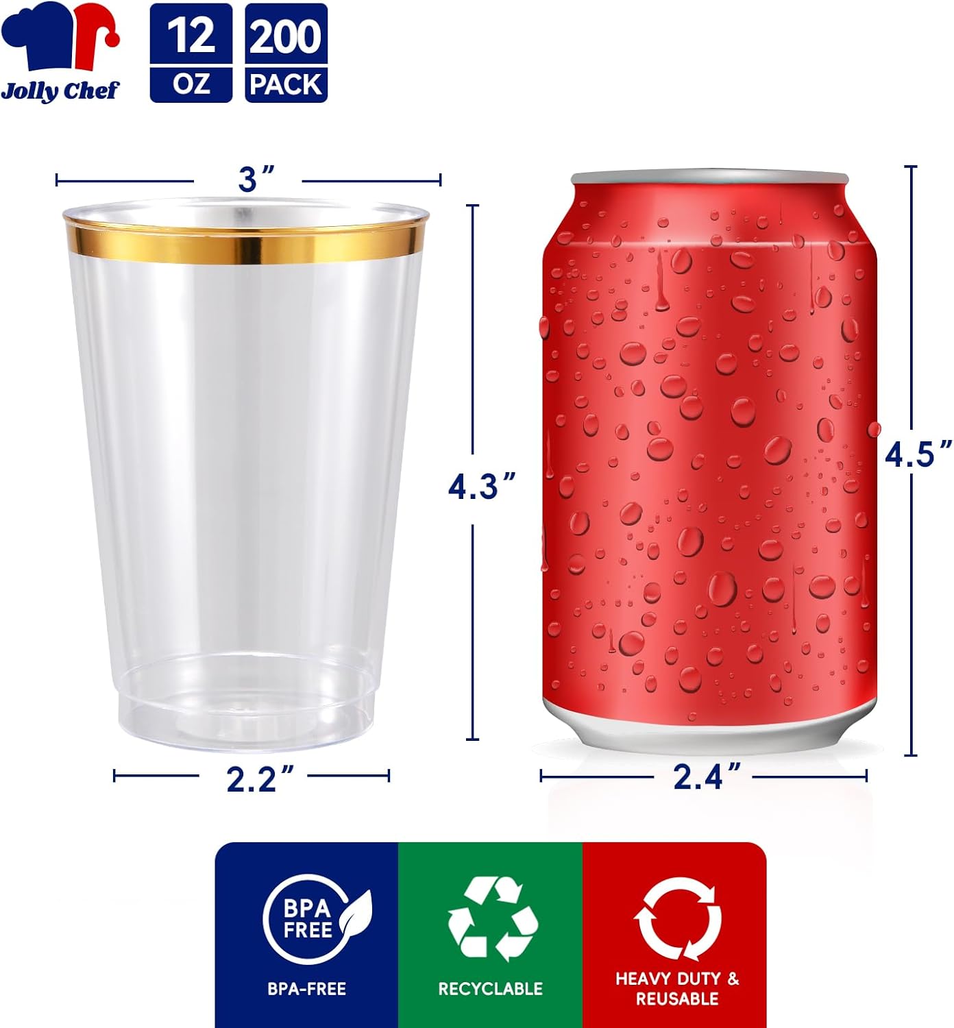 JOLLY CHEF 12 oz Clear Plastic Cups, 100 Pack Heavy-duty Party Glasses, Disposable Plastic Cups for Halloween,Thanksgiving Day, Christmas Party
