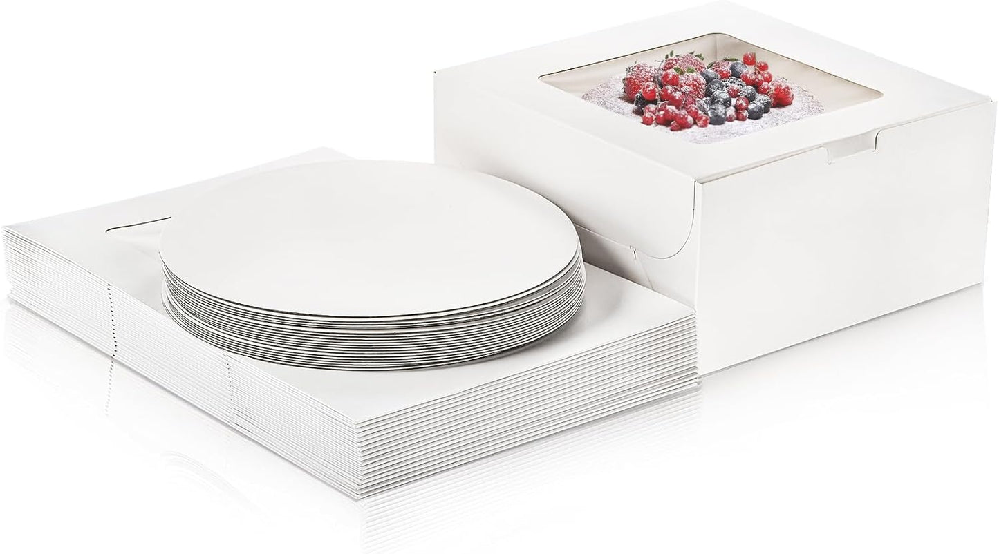 AVLA 20 Pack Cake Boxes with Window, 10 Inch Bakery Cake Boxes with Boards, Disposable Dessert Cake Container Carrier, White Pastry Pie Take Out Boxes for Wedding, Birthday Party, Easy Assembly