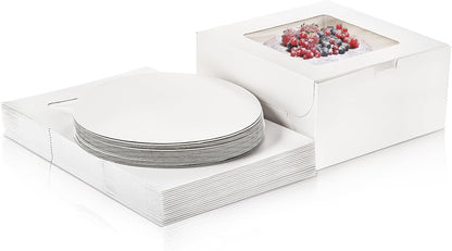 AVLA 20 Pack Cake Boxes with Window, 10 Inch Bakery Cake Boxes with Boards, Disposable Dessert Cake Container Carrier, White Pastry Pie Take Out Boxes for Wedding, Birthday Party, Easy Assembly