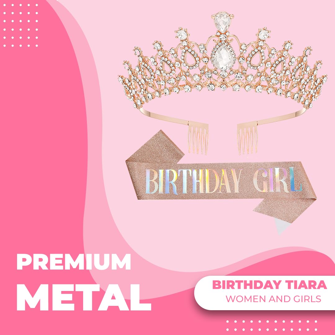 Birthday Tiara Crown with Sash for Women, Headband Hair Accessories for Wedding Party Costume