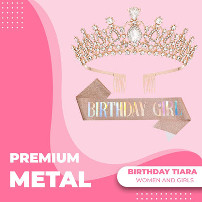 Birthday Tiara Crown with Sash for Women, Headband Hair Accessories for Wedding Party Costume