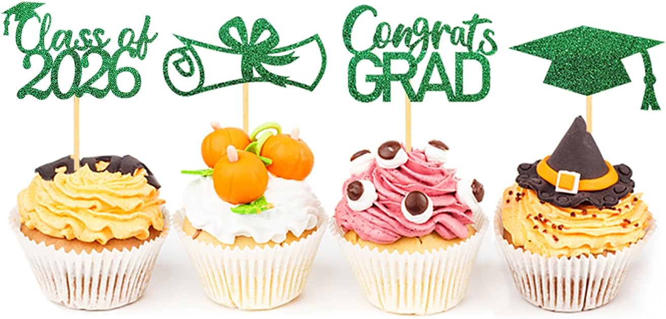 2026 Graduation Theme Cupcake Toppers Glitter Class of 2026 Graduation Cap Diploma Cupcake Picks - Set of 24 (Gold)