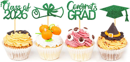 2026 Graduation Theme Cupcake Toppers Glitter Class of 2026 Graduation Cap Diploma Cupcake Picks - Set of 24 (Gold)