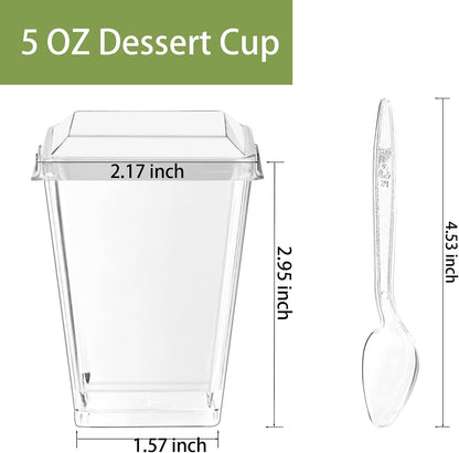 50Pack 5oz Plastic Dessert Cups with Lids and Spoons, Clear Parfait Appetizer Cups for Party, Mini Shooter Serving Cup, Square Dessert Shot Glasses for Tasting