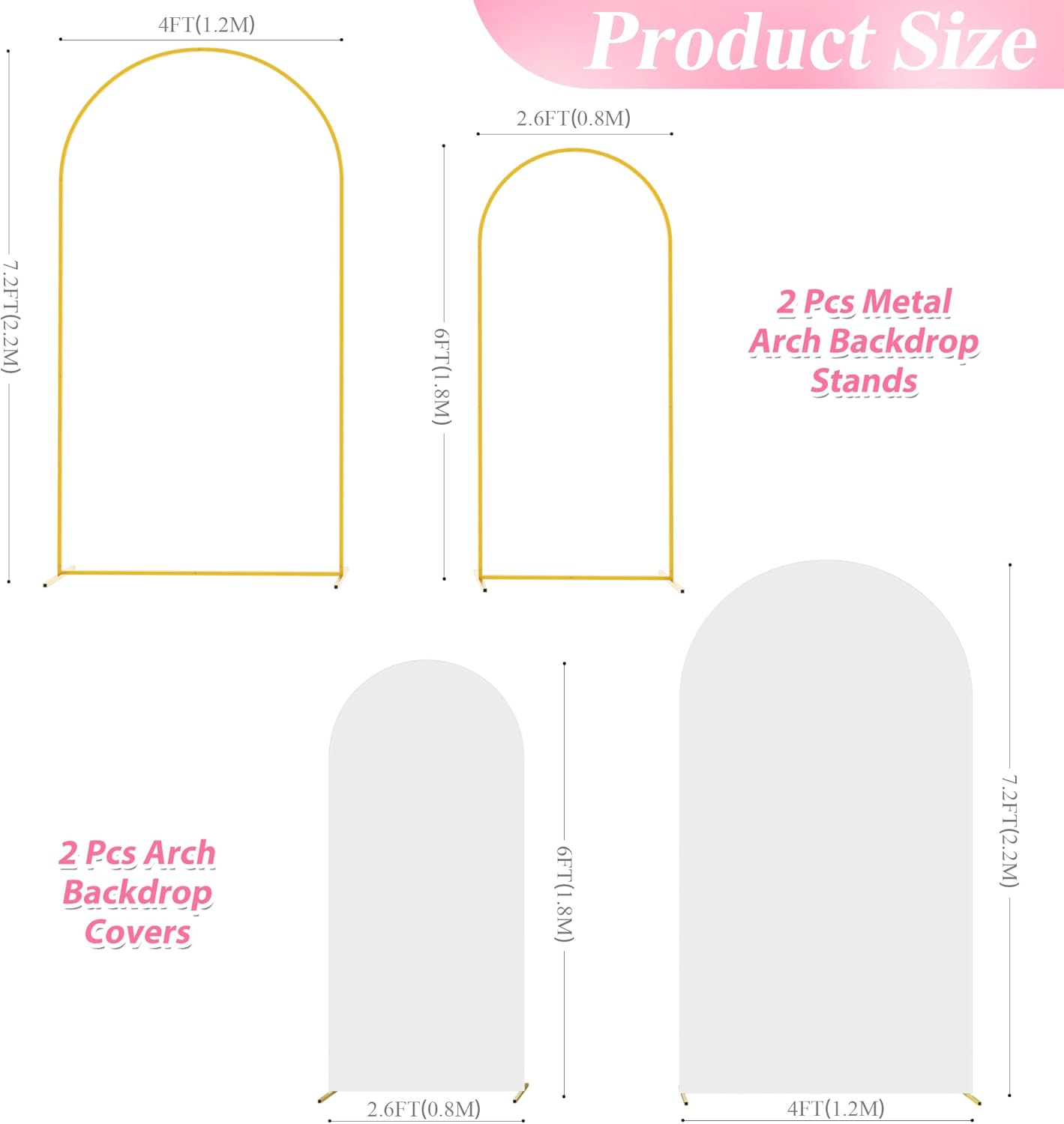 Wokceer Wedding Arch Backdrop Stand and Cover Set of 2 Metal Arch Stand with Arch Cover White 7.2FT, 6FT for Birthday Party Wedding Ceremony Bridal Baby Shower Event Decor