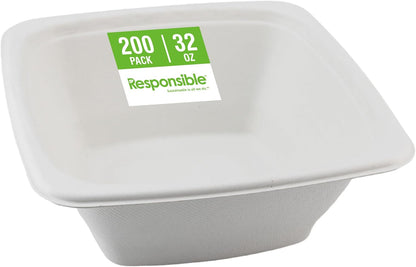 Responsible Products 100% Compostable Square Serving Bowls, 48 oz Disposable Paper Bowls, Microwave Safe, Freezer Safe, Soup Safe, No Plastic, Eco-Friendly, Tree-Free, No PFAS. White (50 Count)