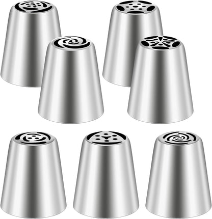 Dimeho 7 Pcs Round Hole Piping Tips Set Stainless Steel Cupcake Frosting Nozzles Cake Decorating Tool Russian Pastry Icing Dispensers Supplies for Baking Cookies Puff Doughnut Cream Bag Filler