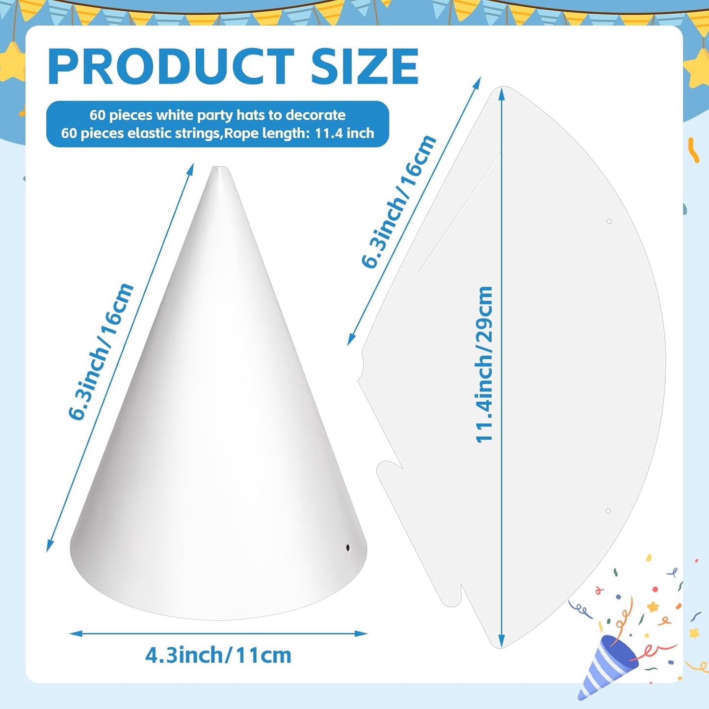 WEOXPR White Paper Party Hats for Birthday,Decorative Bulk Cone Hat for Adults Art DIY, Halloween Supplies（10/20/40/60）
