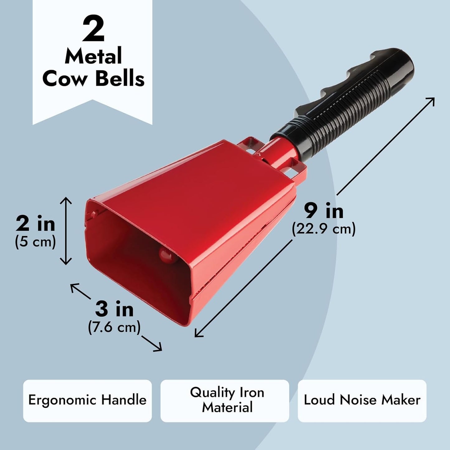 BLUE PANDA Cowbell Noise Maker - 9-Inch, Royal Blue, Pack of 2 - Metal Cowbell Instrument with Ergonomic Handle - Cheering Bell for Stadium Cheers & Celebratory Noise Maker
