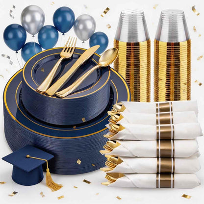 350 Pieces Black and Gold Plastic Plates with Disposable Silverware, Include 50 Dinner Plates 9”, 50 Dessert Plates 6.3”, 50 Black Cups 9 OZ, 50 Pre Rolled Napkins for Wedding Party Graduation