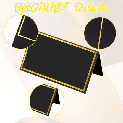 25 Pcs Place Cards for Table Setting - 2'' x 3.5'' Black with Gold foil Trim Table Place Cards - Folded Table Tents Card Name Cards for Food Buffet, Wedding, Bakery Banquet, Party, Events Celebration