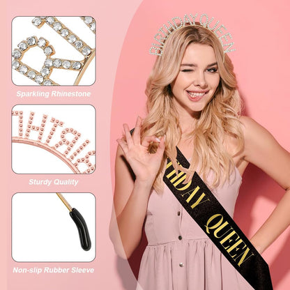 Birthday Sash & Crown for Women - Tiara Headband, Girls' Decorations Accessories
