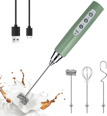 YUSWKO Black Handheld Milk Frother Wand for Coffee, Rechargeable Electric Whisk with 3 Heads 3 Speeds Drink Mixer Coffee Frother For Latte, Cappuccino, Hot Chocolate, Egg