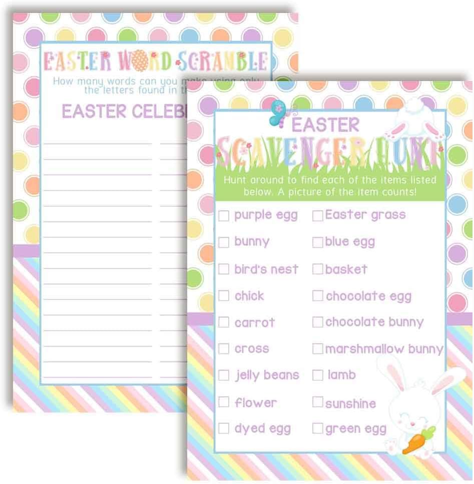 Easter Word Scramble and Scavenger Hunt 10 Pack 5"x7" Fill‑In Game Cards, Fun Happy Easter Holiday Activity Cards for Kids with Word Puzzle and Search Games by Amanda Creation