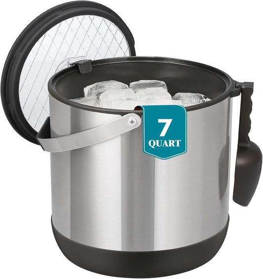 6.8L/7QT Large Insulated Ice Bucket with Lid & Scoop,Double-Wall Ice Bucket for Parties,Cocktail Bar(Black)