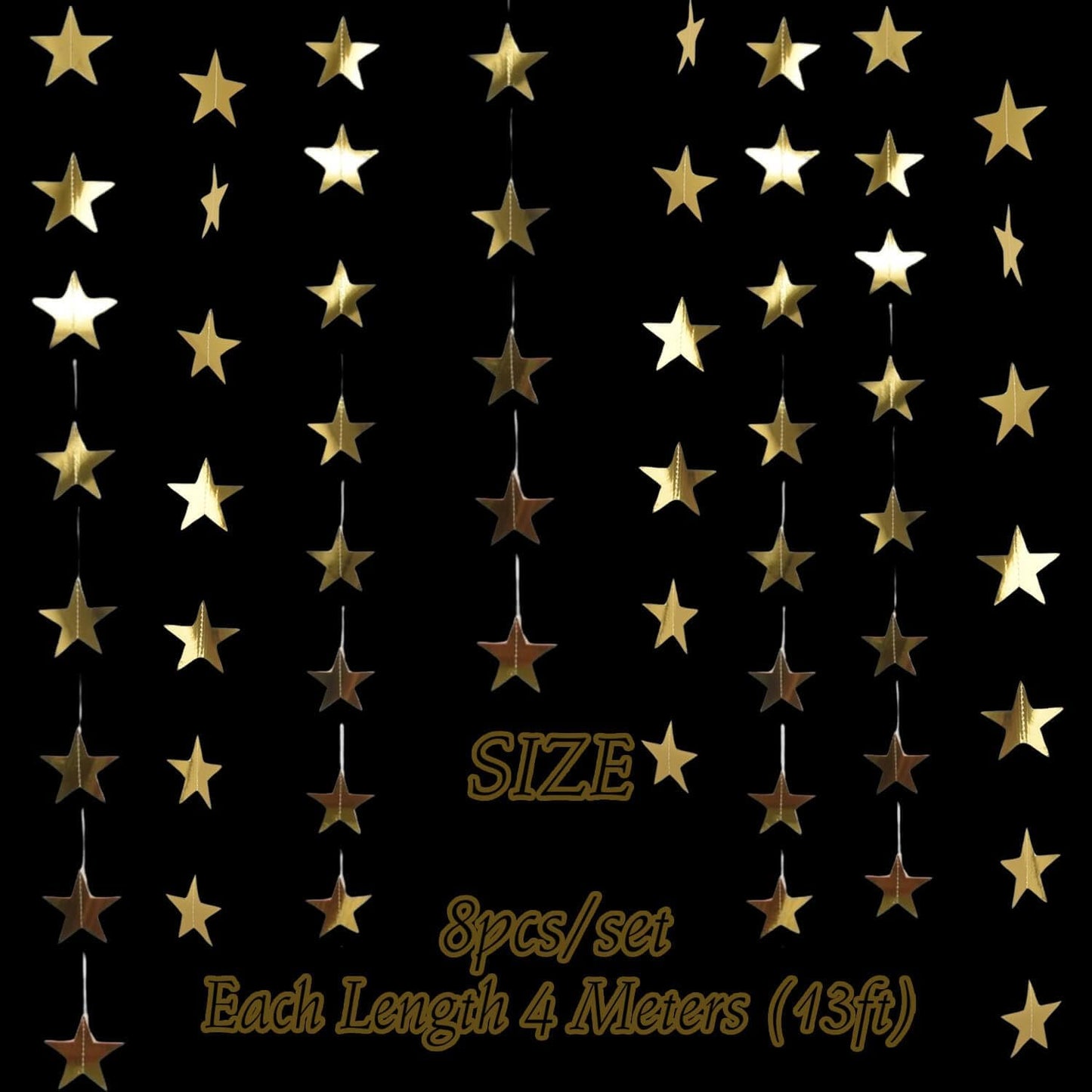 105Feet Gold Star Garland Party Banner for Graduation Decorations 2026 Class Grad Birthday Hanging- Golden Double Side Twinkle Paper Stars Streamers Backdrop for Wall Ceiling Decor, 8Pack