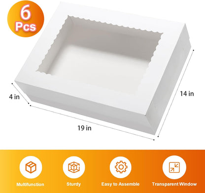 Wowxyz 14x10x4 Cake Boxes 6pcs Rectangle Quarter Sheet 1/4 Sheet Bakery Boxes with Window - Donuts, Pastry Baking Cake, Pie White Cardboard Treat Packaging